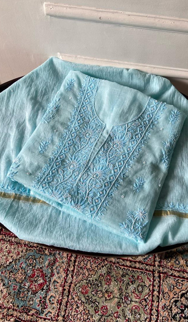 Arisha — Blue Mul Chanderi Chikankari 3 Pc Unstitched Suit Set
