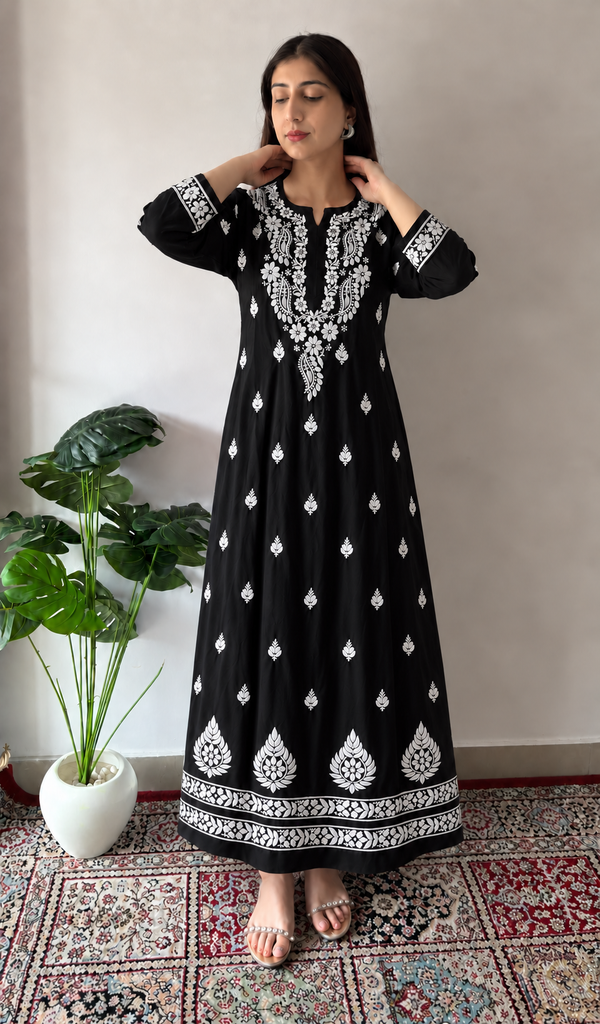 Women's Lucknowi Handcrafted Modal Cotton Chikankari Anarkali Dress - HONC0231034