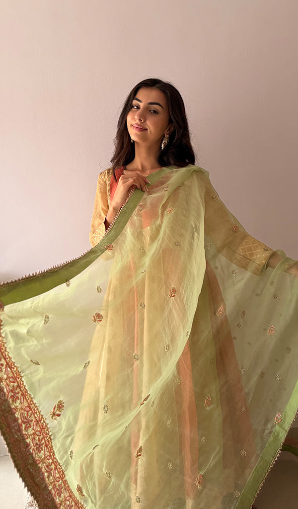 Women's Lakhnavi Handcrafted Tissue Chanderi Silk  Chikankari Stitched Anarkali , Dupatta And Pant Set - HONC0336837
