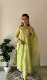将图像加载到图库查看器中， Women's Lucknowi Handcrafted Pure Organza Silk Stitched Chikankari Kurta, Dupatta With Pant Set- HONC0368444