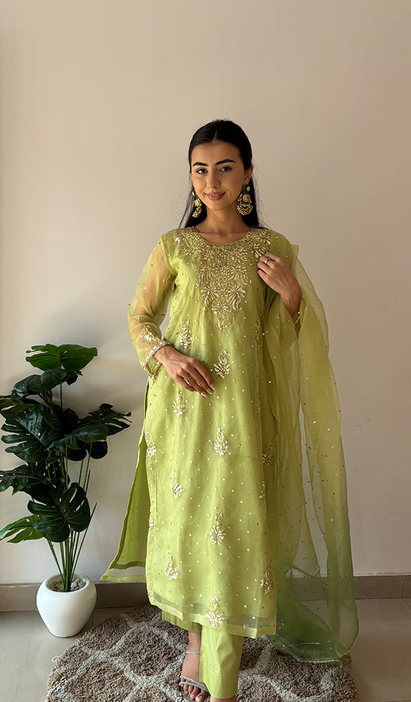Women's Lucknowi Handcrafted Pure Organza Silk Stitched Chikankari Kurta, Dupatta With Pant Set- HONC0368444