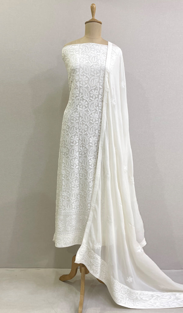 Women's Lakhnavi Handcrafted Pure Silk Georgette Chikankari Full Suit Fabric - HONCO177882