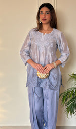 Anika Women's Lucknowi Handcrafted Chanderi Silk Chikankari Top with Farshi Salwar Set .