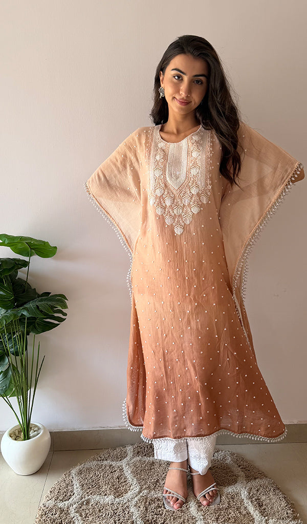 Pragya Women's Lucknowi Handcrafted Mul chanderi Chikankari Kaftan - HONC03615788