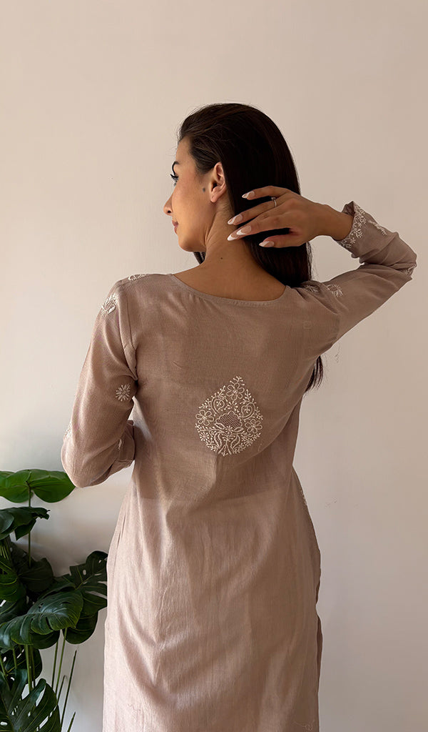 Women's Lakhnavi Handcrafted Maheshwari Mul Chanderi Chikankari Kurti - HONC0357548