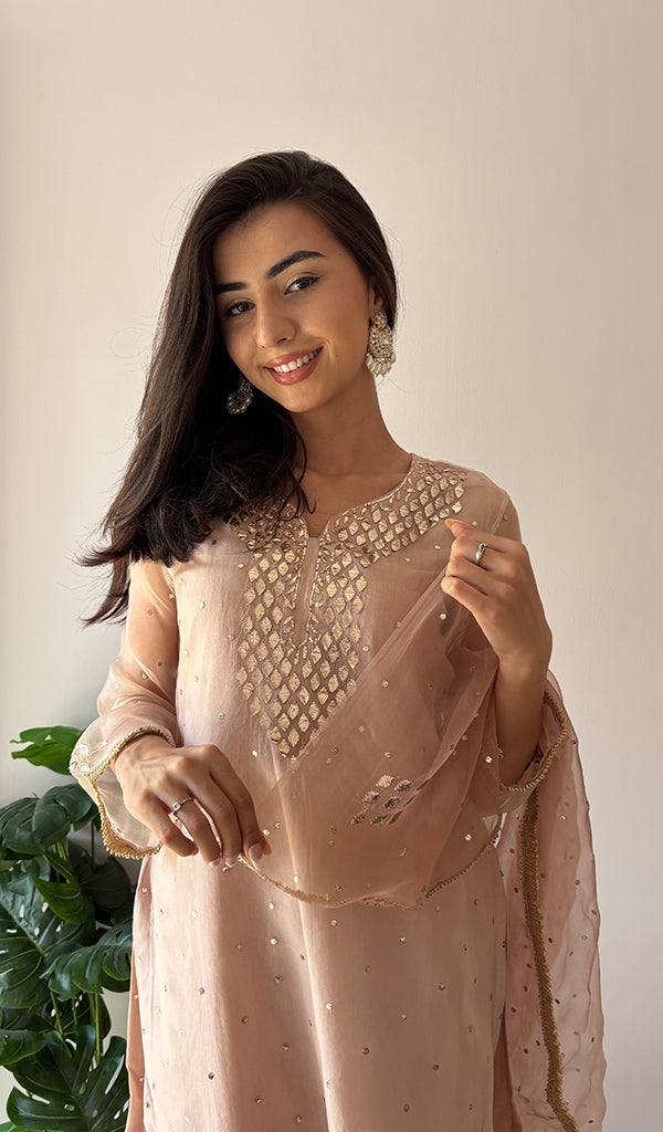 Alfia Women's Lucknowi Handcrafted Pure Organza Silk Stitched Chikankari Kurta, Dupatta With Pant Set- HONC0362256