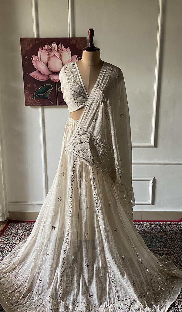 Women's Lakhnavi Handcrafted Bridal Tissue Chanderi Chikankari Lehenga Set - HONC0353218