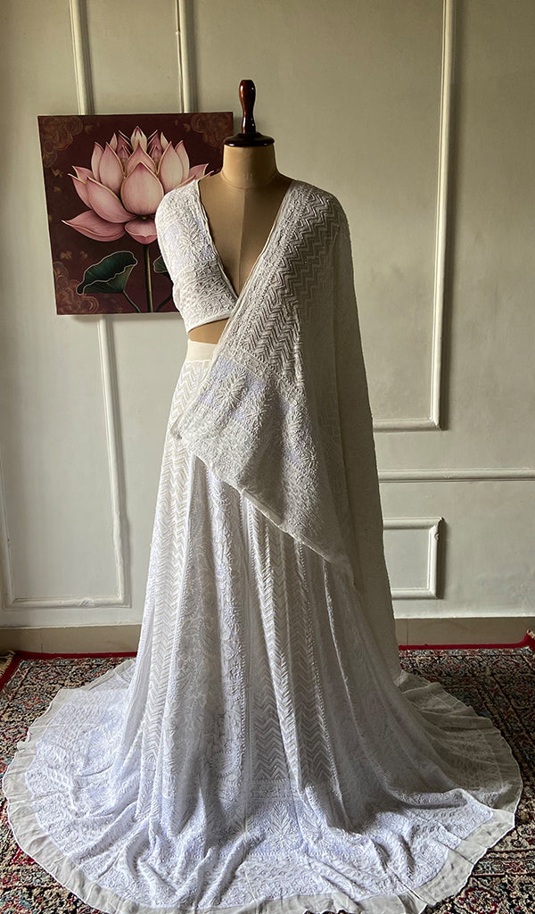 Women's Lakhnavi Handcrafted Bridal Viscose Georgette Chikankari Lehenga Set - HONC0354953