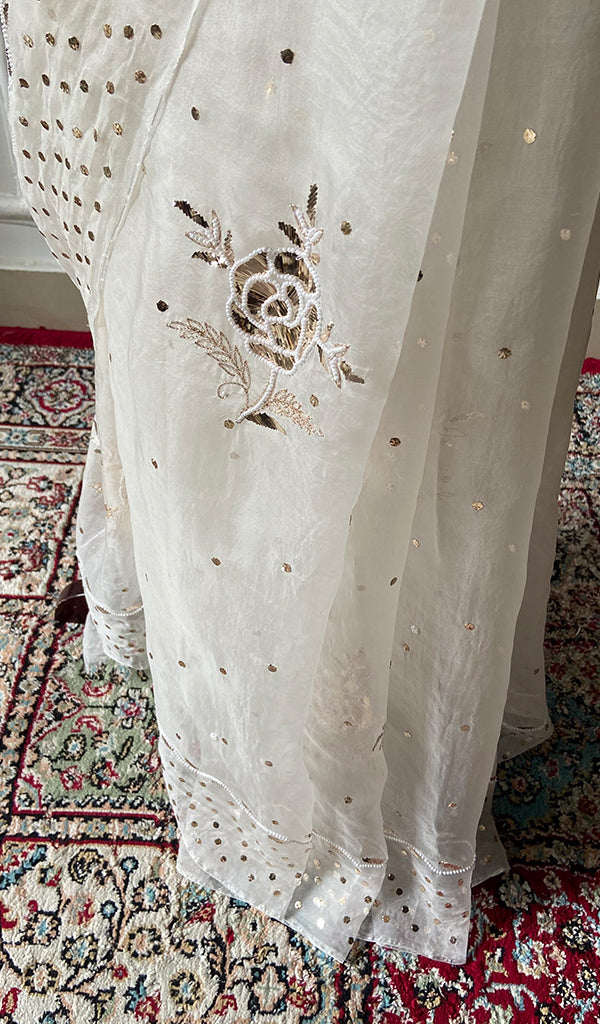 Women's Lucknowi Handcrafted Pure Organza Silk Chikankari Saree - HONC0355016