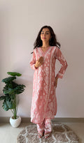 Ziva Women's Lucknowi Handcrafted Mul Chanderi Stitched Chikankari Kurta And Plazzo Set- HONC0378817