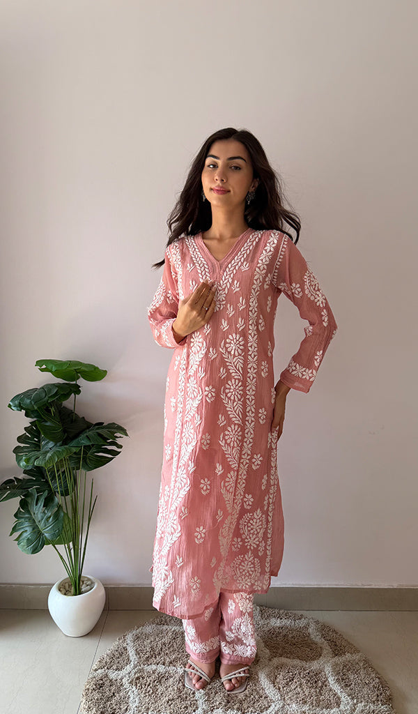 Ziva Women's Lucknowi Handcrafted Mul Chanderi Stitched Chikankari Kurta And Plazzo Set- HONC0378817