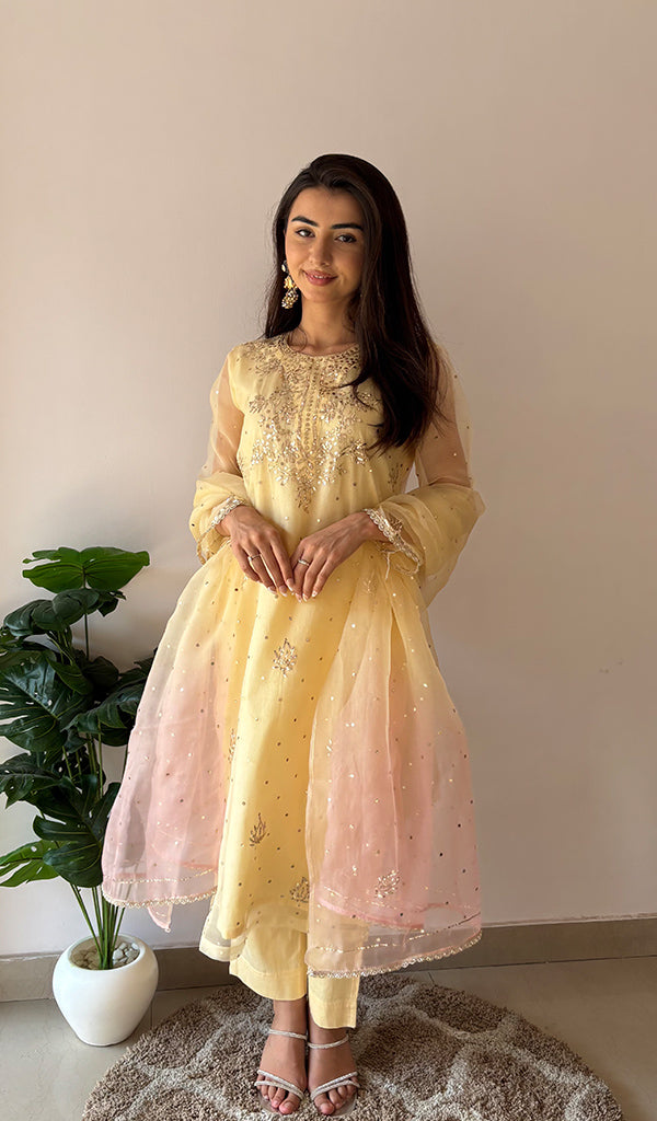 Women's Lucknowi Handcrafted Pure Organza Silk Stitched Chikankari Kurta, Dupatta With Pant Set- HONC0368442