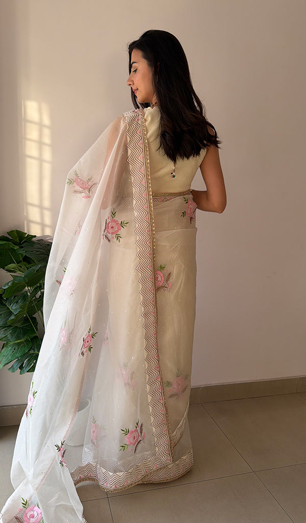 Zunaira Women's Lucknowi Handcrafted Pure Organza Silk Chikankari Saree - HONC0379177