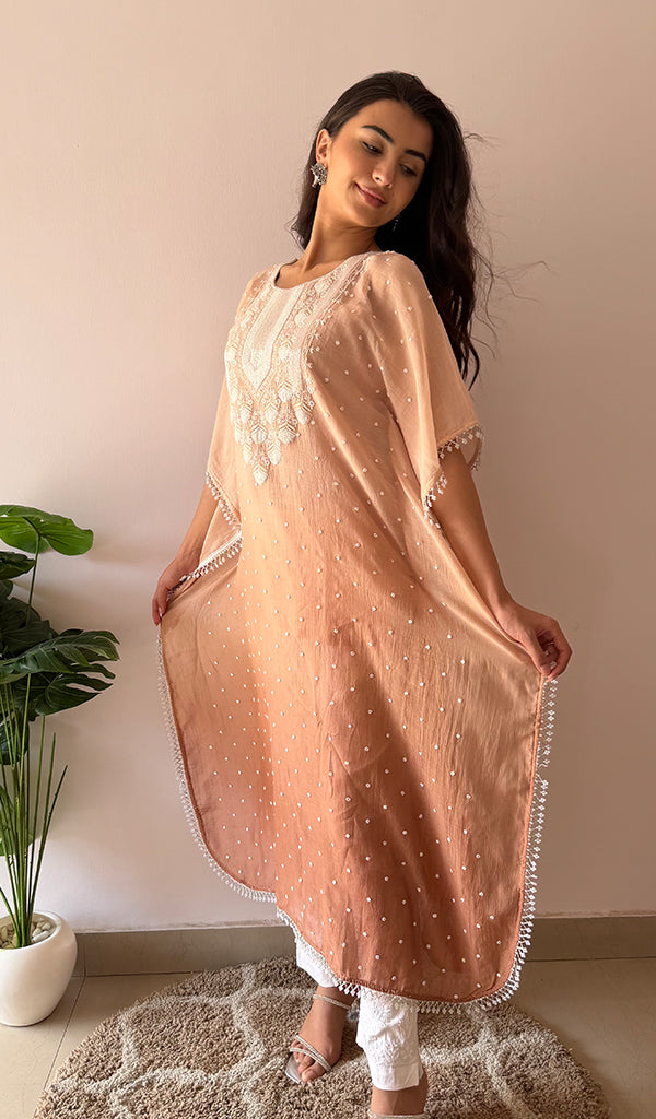 Pragya Women's Lucknowi Handcrafted Mul chanderi Chikankari Kaftan - HONC03615788