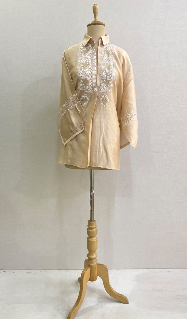 Fiza Women's Lakhnavi Handcrafted Chanderi Silk Semi- Stiched Chikankari Top - HONC0188986