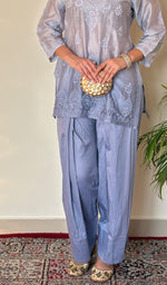 Anika Women's Lucknowi Handcrafted Chanderi Silk Chikankari Top with Farshi Salwar Set .