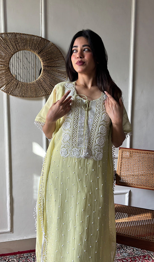 Women's Lucknowi Handcrafted Mul chanderi Chikankari Kaftan - HONC0164615