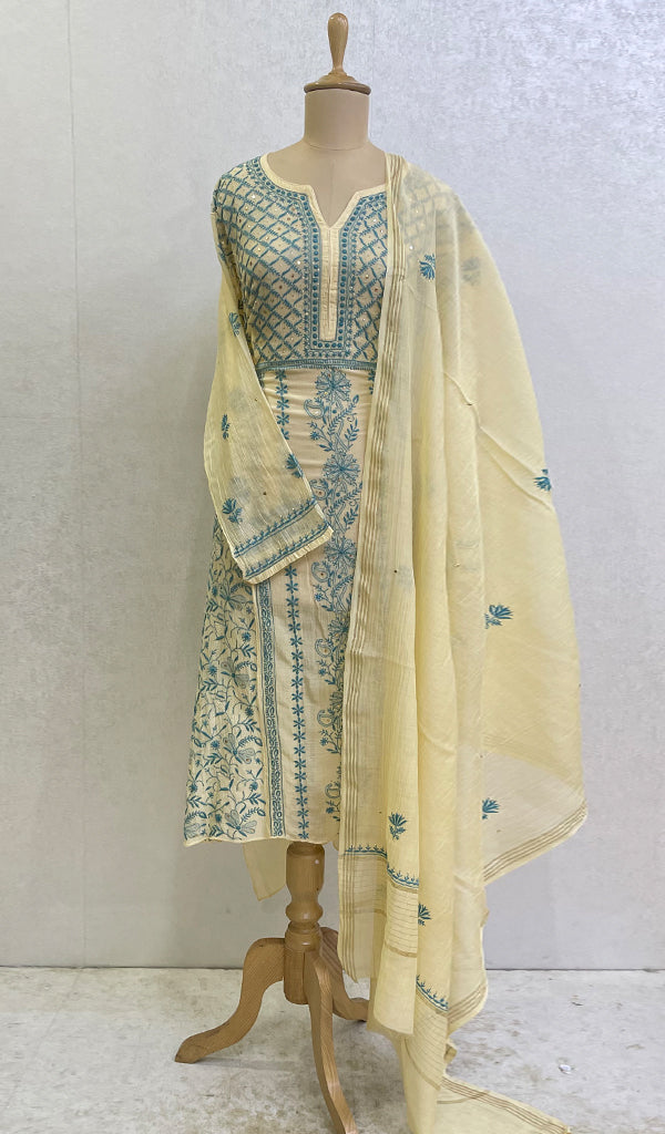 Women's Lakhnavi Handcrafted Mul Chanderi Chikankari Semi Stitched Kurta And Dupatta Set- HONC0144307
