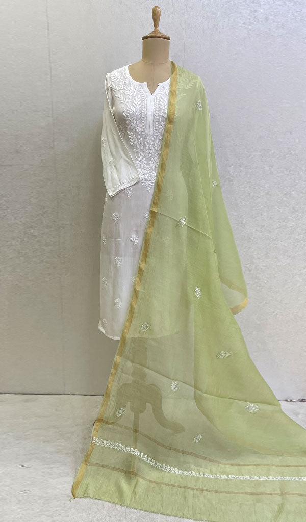 Women's Lakhnavi Handcrafted Chanderi Silk Chikankari Dupatta - Honc0108727