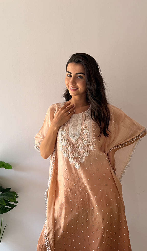 Pragya Women's Lucknowi Handcrafted Mul chanderi Chikankari Kaftan - HONC03615788
