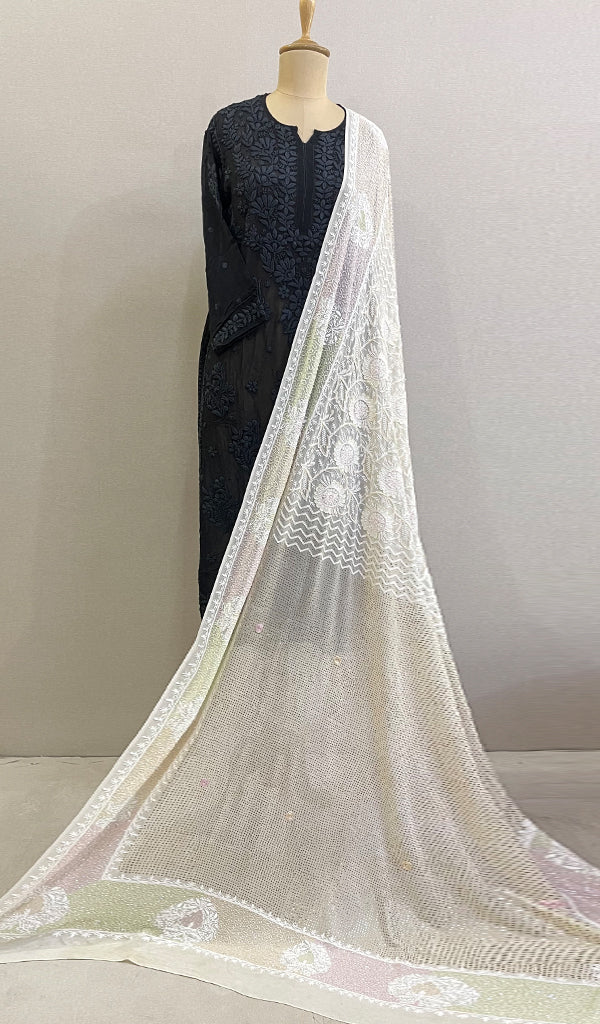 Women's Lucknowi Handcrafted Pure Silk Georgette Chikankari Dupatta - HONC0202452