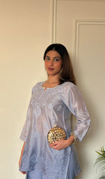 Anika Women's Lucknowi Handcrafted Chanderi Silk Chikankari Top with Farshi Salwar Set .