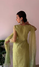 将图像加载到图库查看器中， Women's Lucknowi Handcrafted Pure Organza Silk Stitched Chikankari Kurta, Dupatta With Pant Set- HONC0368444