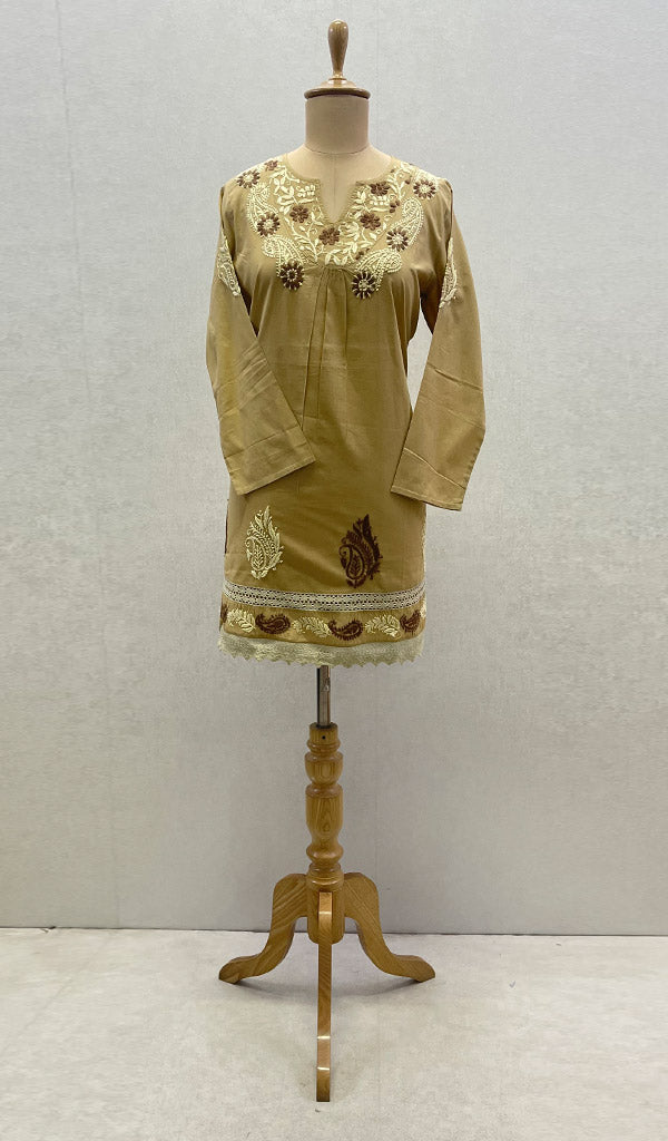 Lucknowi 手工制作的棉质 Chikankari 上衣 - HONC099174