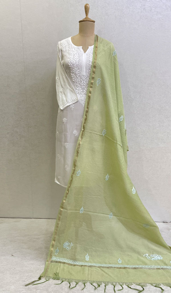 Lakhnavi 手工制作 Chanderi 丝绸 Chikankari Dupatta - Honc0108752