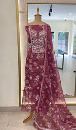 Load image into Gallery viewer, Women&#39;s Lakhnavi Handcrafted Organza Chikankari Unstitched Kurta And Dupatta Set - HONC0201454
