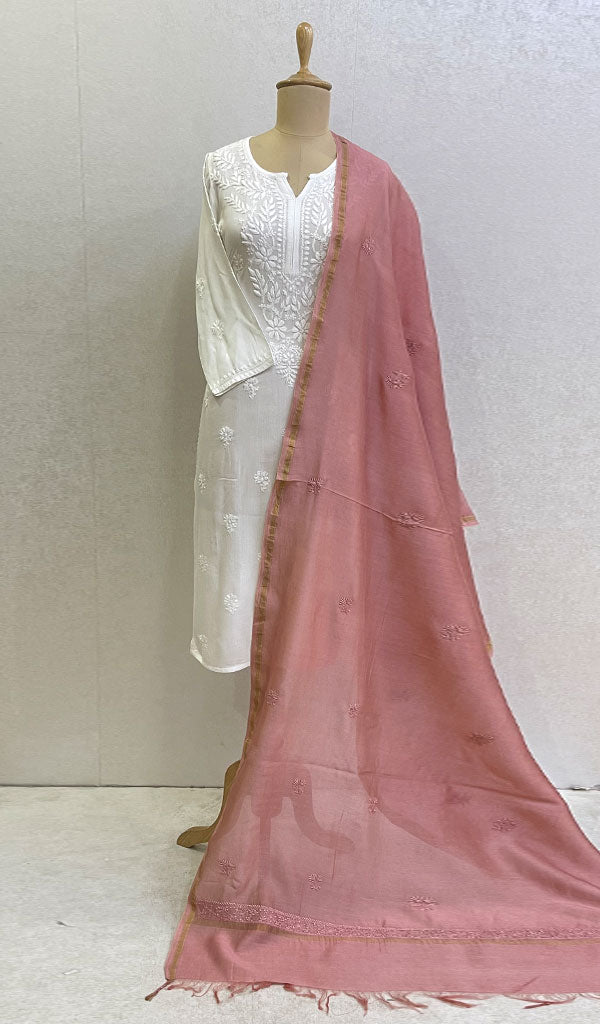 Lakhnavi 手工制作 Chanderi 丝绸 Chikankari Dupatta - Honc0108726