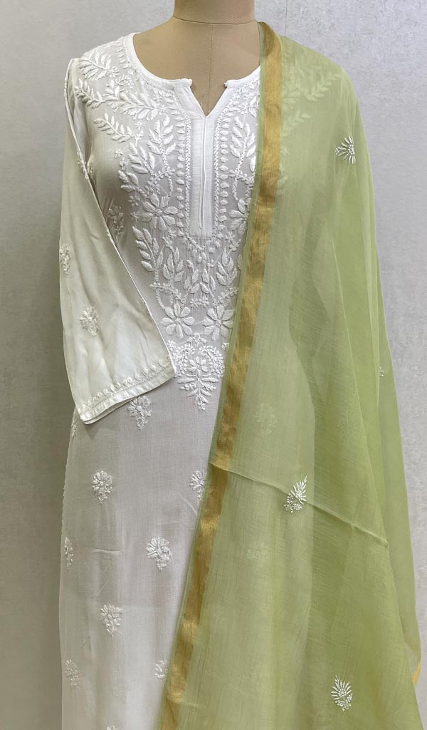 Women's Lakhnavi Handcrafted Chanderi Silk Chikankari Dupatta - Honc0108727