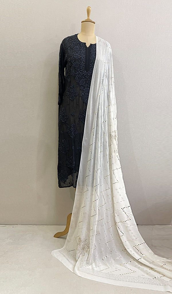 Women's Lucknowi Handcrafted Pure Silk Georgette Chikankari Dupatta - HONC0217804