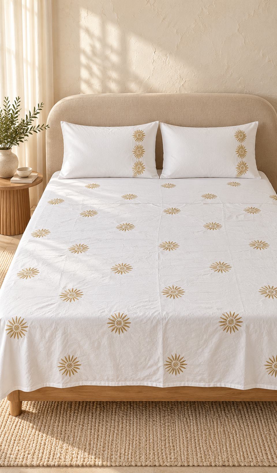 Lakhnavi Handcrafted Cotton Chikankari Bedsheet Set - HONC0373294