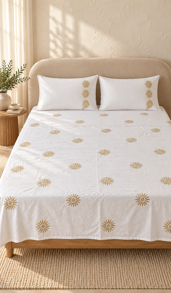 Lakhnavi Handcrafted Cotton Chikankari Bedsheet Set - HONC03732940