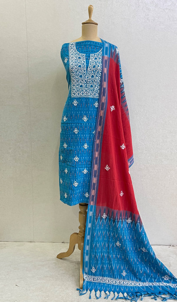 لکھنؤی ہاتھ سے تیار کردہ اکت کپاس چکنکاری مکمل سوٹ مواد- Honc0134604