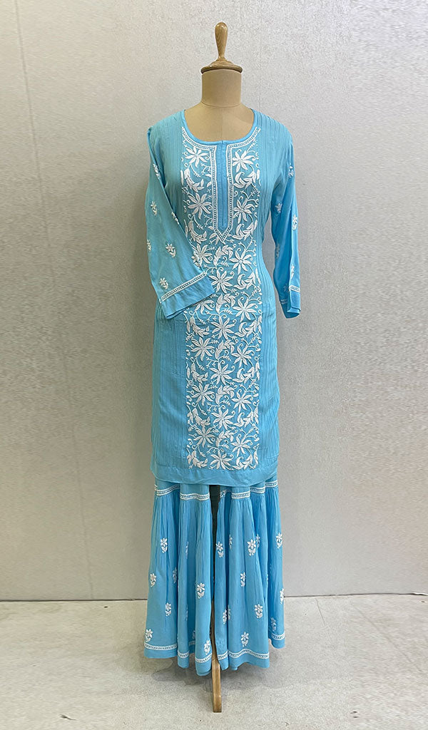 Women's Lakhnavi Handcrafted Modal Cotton Chikankari Kurta And Gharara Set - HONC0130430