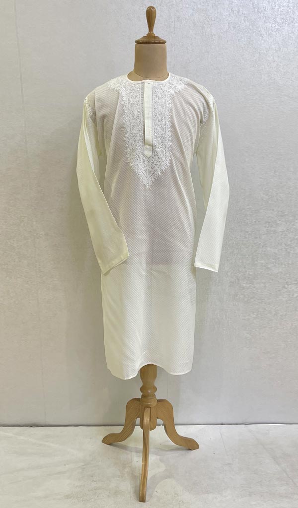 Men's Lucknowi Handcrafted Cotton Chikankari Kurta - HONC021595