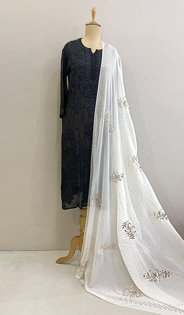 Women's Lucknowi Handcrafted Pure Silk Georgette Chikankari Dupatta - HONC0217803