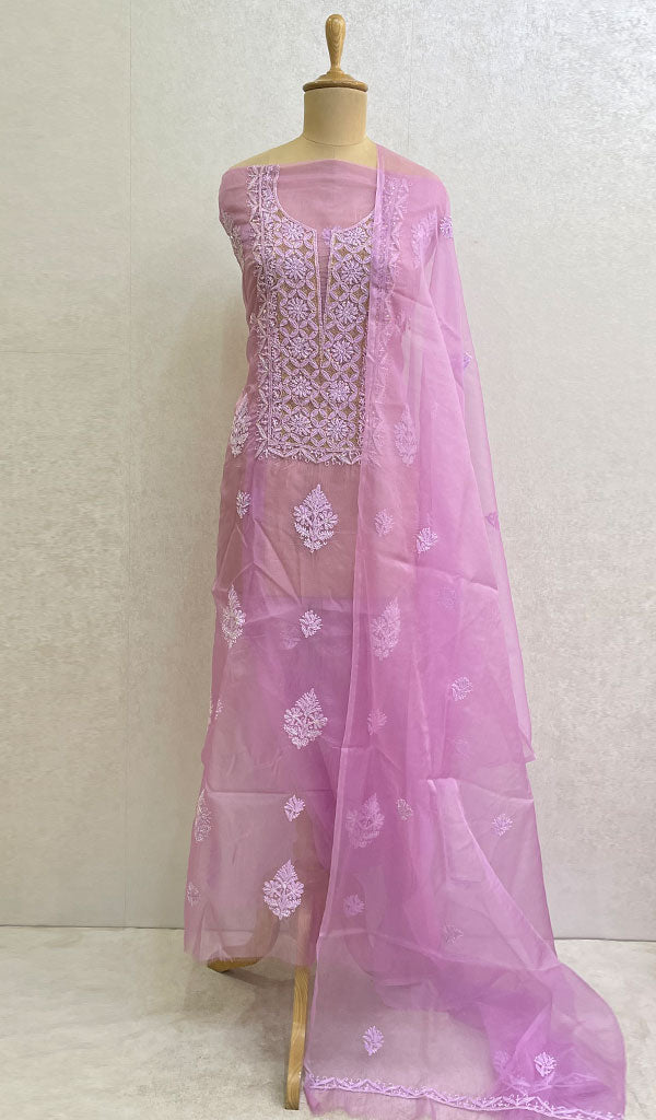 Lakhnavi 手工制作的欧根纱 Chikankari 未缝合库尔塔和杜帕塔套装 - HONC0114875