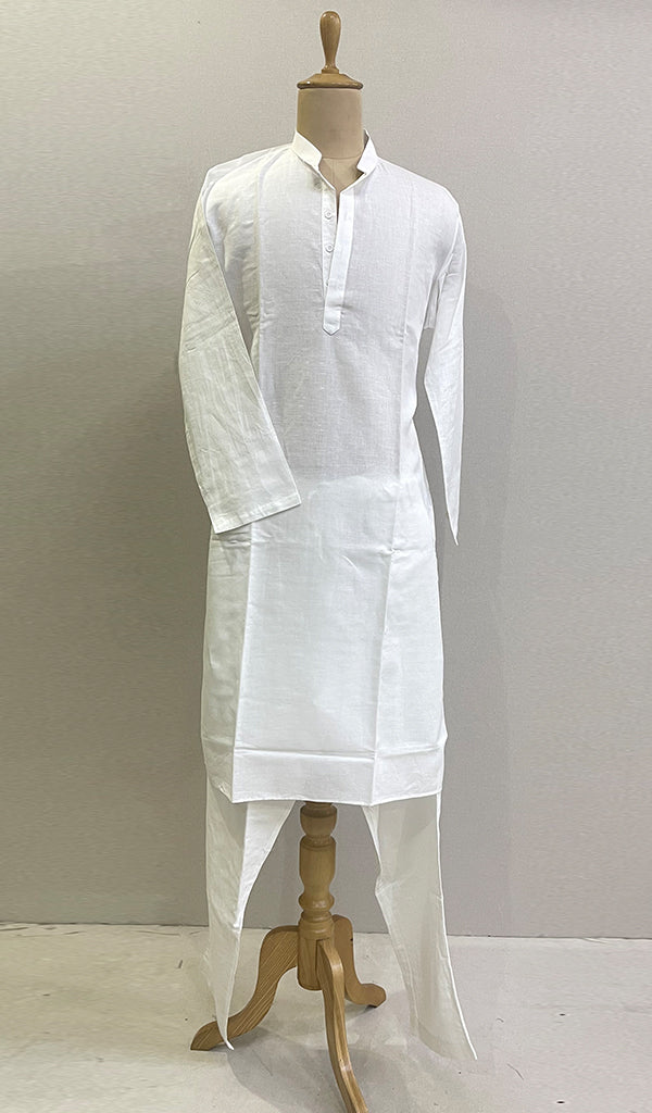 Men's Lucknowi Handcrafted Linen Cotton Chikankari Kurta With Pant -HONC0204540