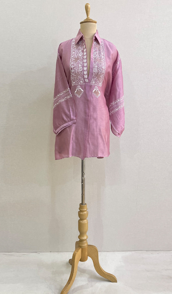 Fiza Women's Lakhnavi Handcrafted Chanderi Silk Semi- Stiched Chikankari Top - HONC0191713