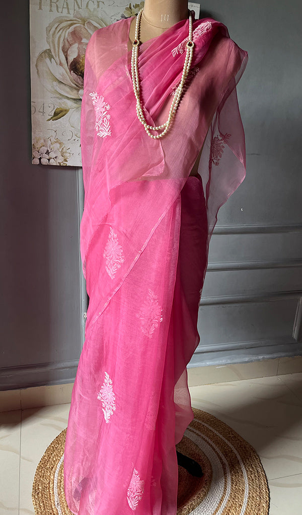 Women's Lucknowi Handcrafted Pure Organza Silk Chikankari Saree - HONC0294650