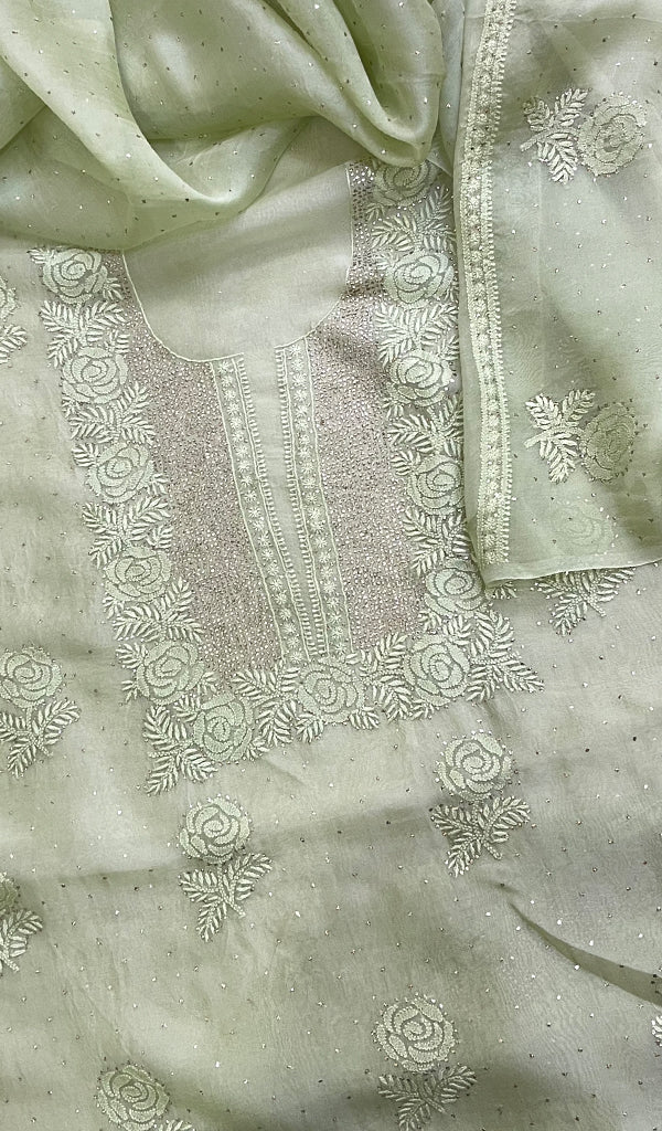 Rose Women's Lakhnavi Handcrafted Pure Organza Chikankari Unstitched Kurta And Dupatta Set - HONC0214222