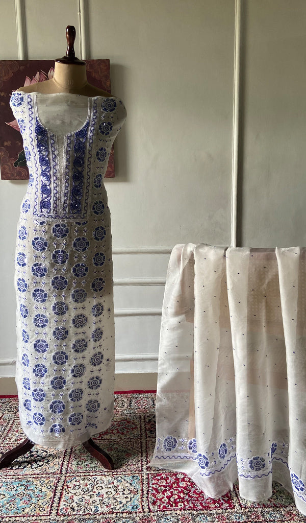 Women's Lakhnavi Handcrafted Pure Organza Chikankari Unstitched Kurta And Dupatta Set- HONC0375214