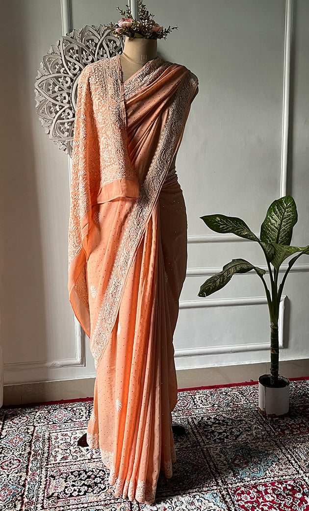 Women's Lakhnavi Handcrafted Pure Silk Georgette Chikankari Saree - HONC0313294