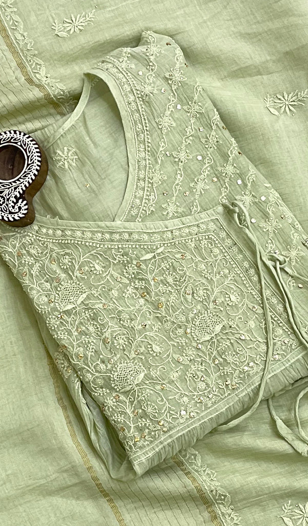 Women's Lakhnavi Handcrafted Mul Chanderi Semi Stitched Angrakha And Dupatta Set - HONC0144299