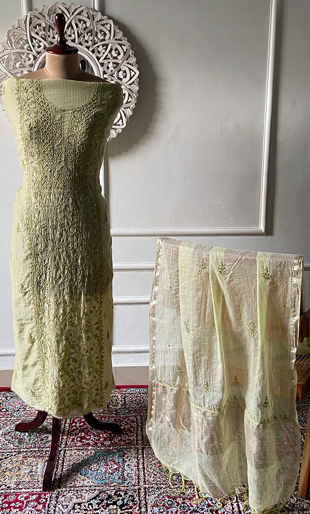 Women's Lakhnavi Handcrafted Mul Chanderi Unstitched Chikankari Full Suit Material - HONC0324472