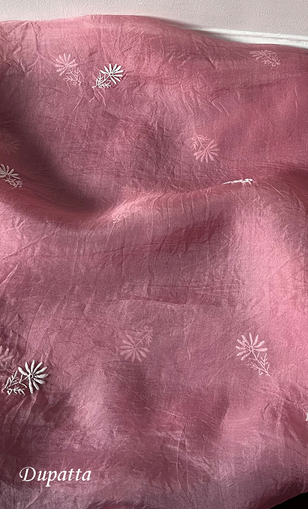 Women's Lakhnavi Handcrafted Pure Organza Chikankari Unstitched Kurta And Dupatta Set- HONC0319190