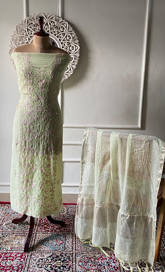 Women's Lakhnavi Handcrafted Mul Chanderi Unstitched Chikankari Full Suit Material - HONC0324497